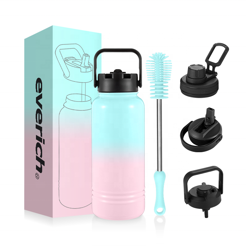 32 oz Insulated Water Bottle With Straw, Stainless Steel Sports Water Cup Flask with 3 Lids Wide Mouth Travel Thermal Mug