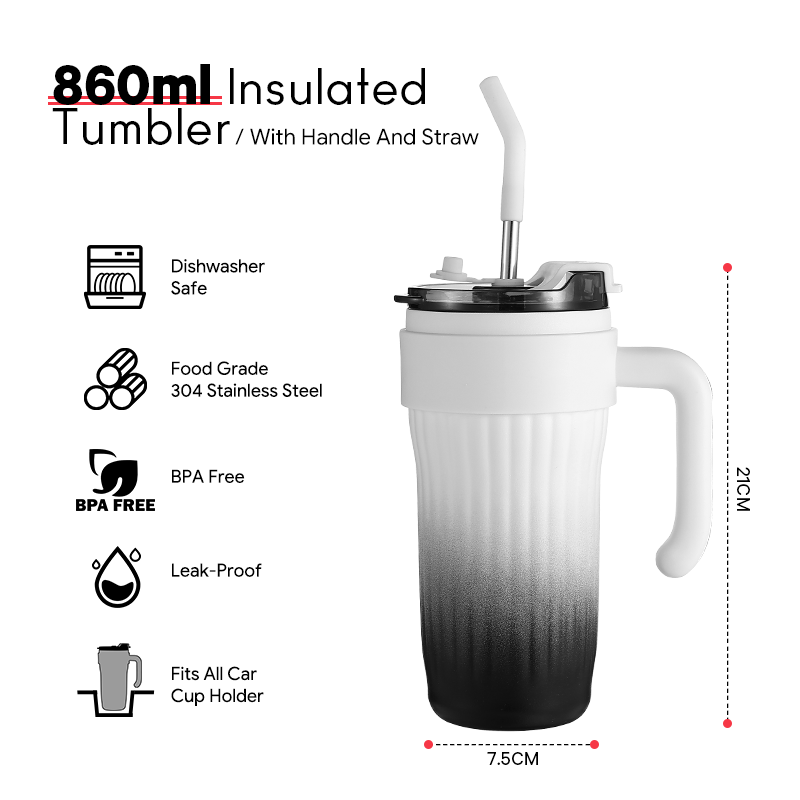 860ml hot & cold drinking insulated double wall stainless steel coffee cup with handle with two using lid,straw & flip lid