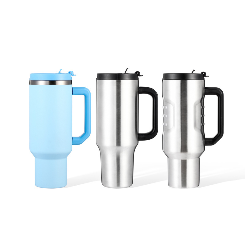 Stainless steel double wall insulated vacuum flask 40oz plastic handle tumbler double wall mug with 2 in 1 lid