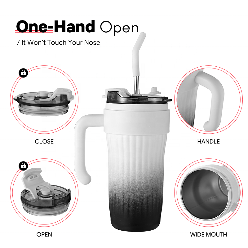 860ml hot & cold drinking insulated double wall stainless steel coffee cup with handle with two using lid,straw & flip lid