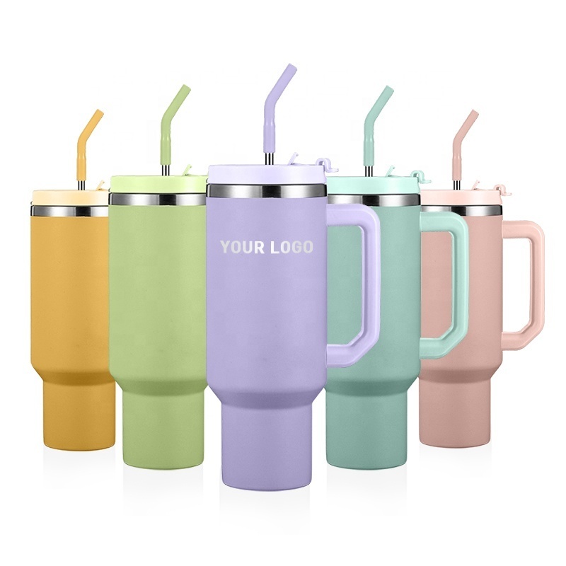 Stainless steel double wall insulated vacuum flask 40oz plastic handle tumbler double wall mug with 2 in 1 lid