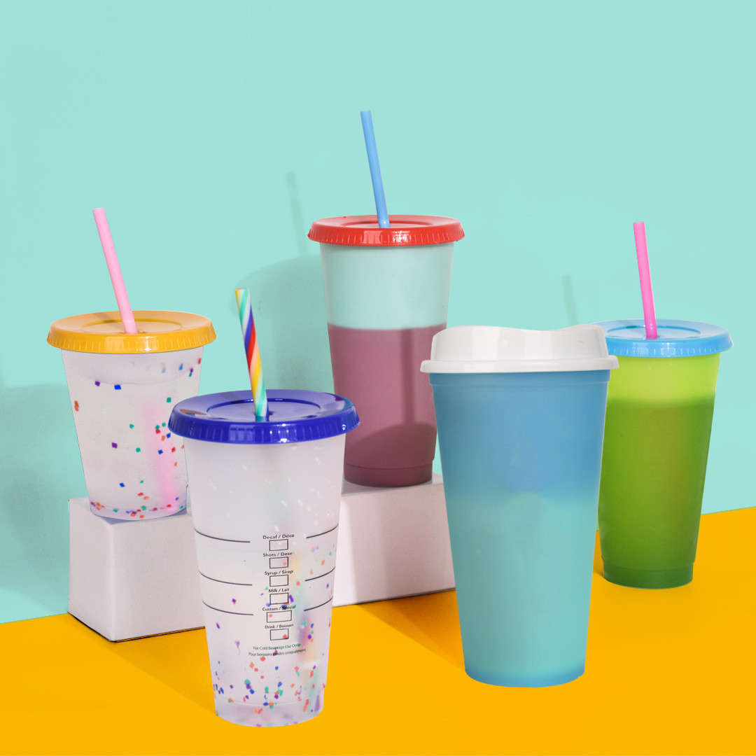 Hot selling custom plastic marble swirl cold color changing cup 16oz/24oz confetti for party with lid and straw