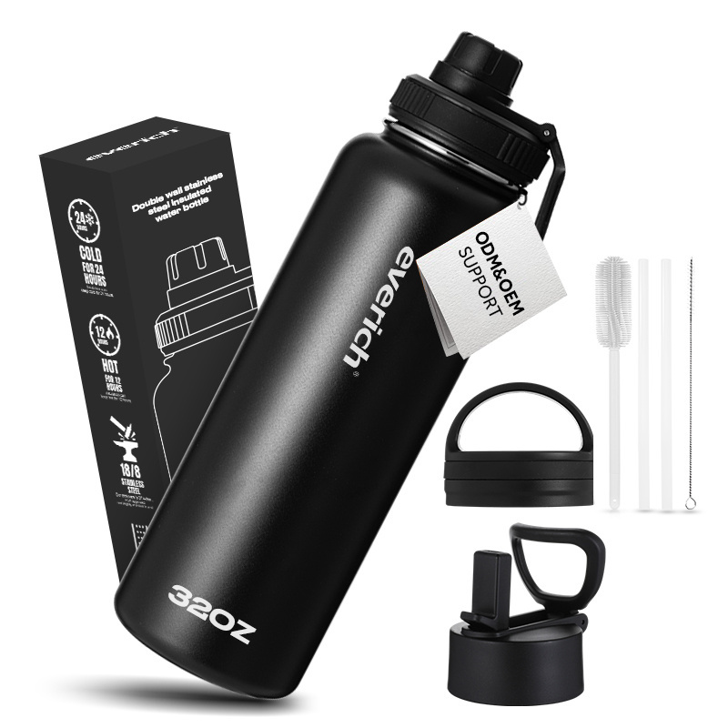 Sport 12oz 32oz 40oz 64oz Straw Lid Vacuum Insulated Double Walled Stainless Steel Water Bottle Black