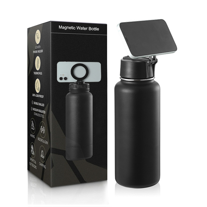 Everich 32 oz Magnetic Phone Holder Vacuum Flask Stainless Steel THERMAL Water Bottles for Sports with Straw Lid