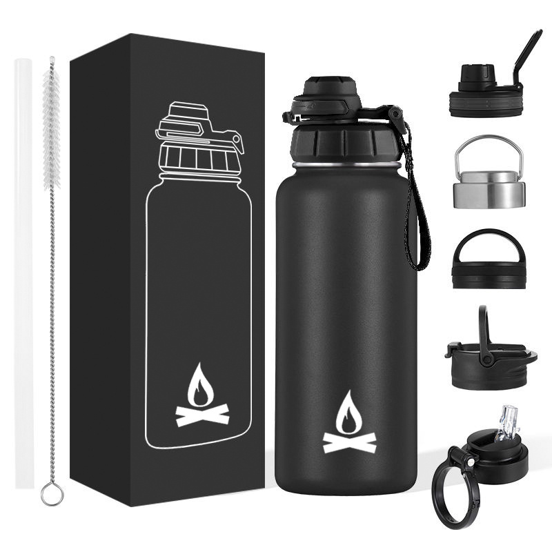 Custom Logo 32oz Stainless Steel Insulated Flask Thermos Sports Water Bottle with 3 Lids and Brush