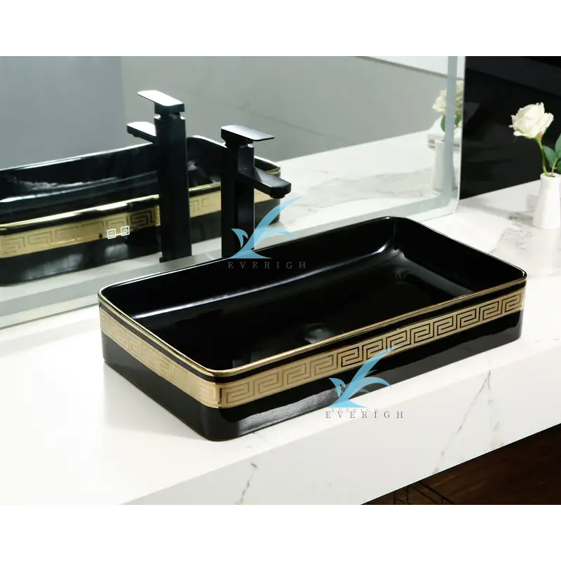 Pakistan hot sale black and gold style decorative wall hung toilet and basin set