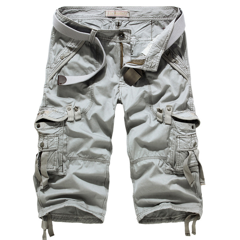 Everland OEM spring 100% cotton zip up korean version men's loose multi - pocket overalls washed 7 - cent pants