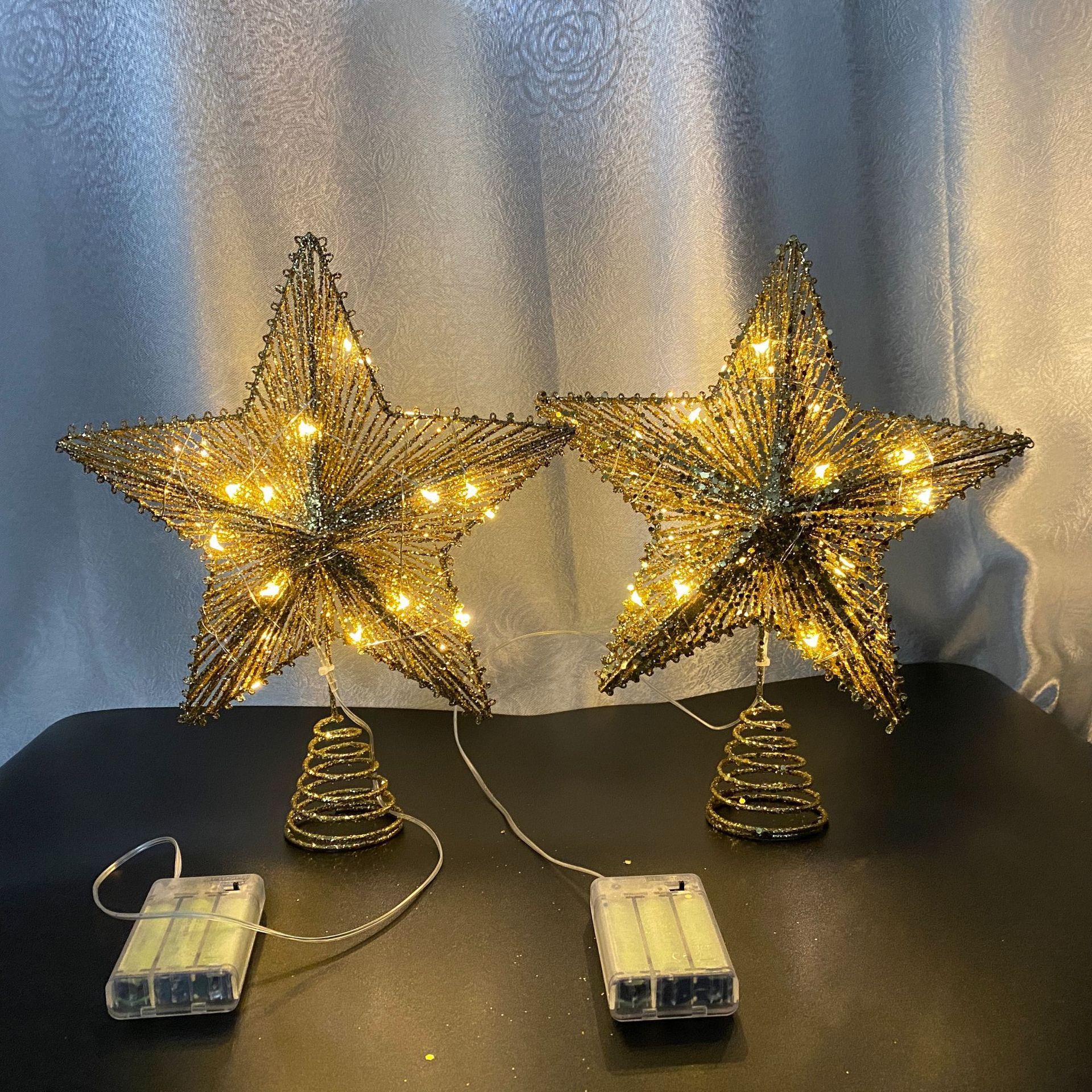 Christmas tree top star wrought iron glitter led tree top five-pointed star Christmas tree decoration light string supplies