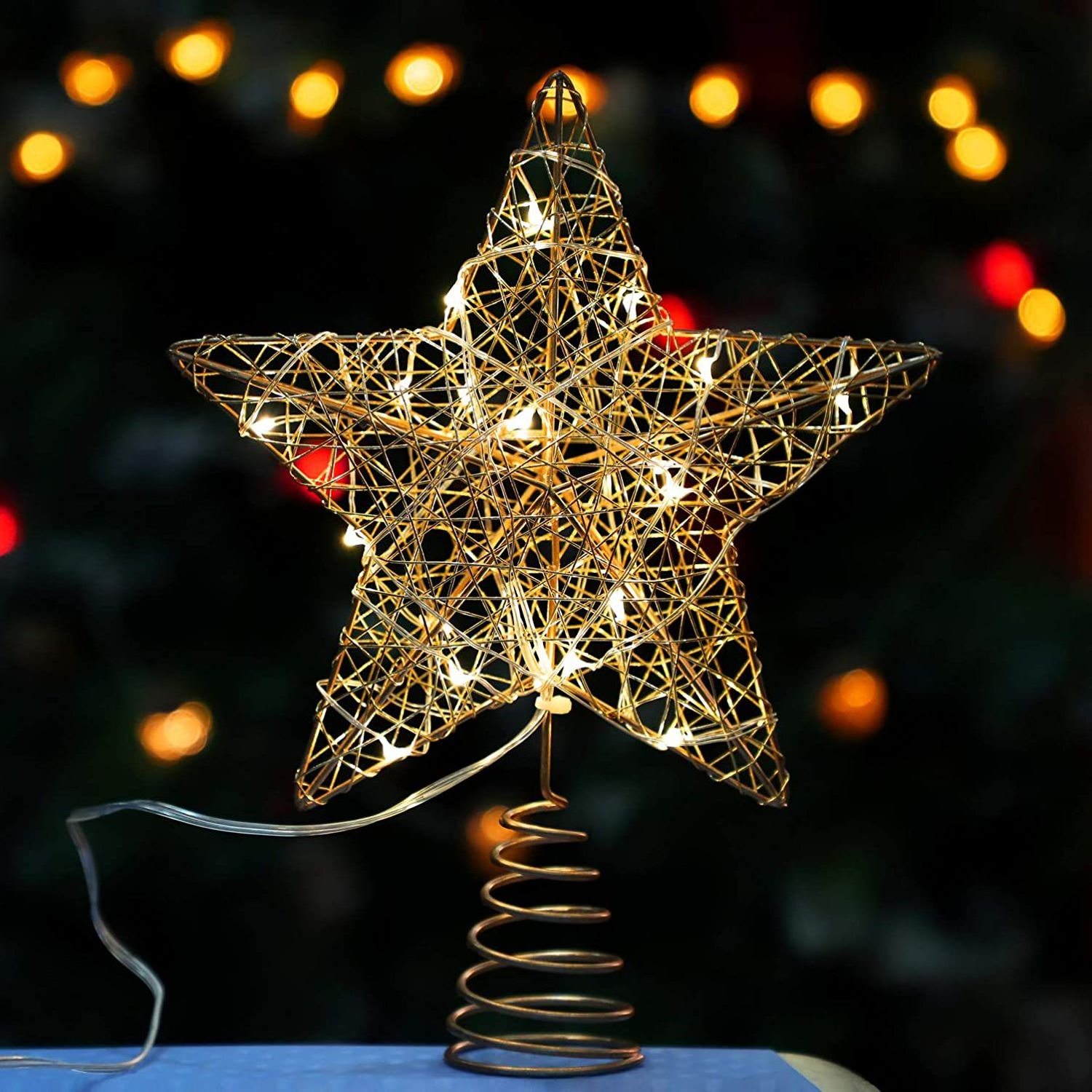 Christmas tree top star wrought iron glitter led tree top five-pointed star Christmas tree decoration light string supplies