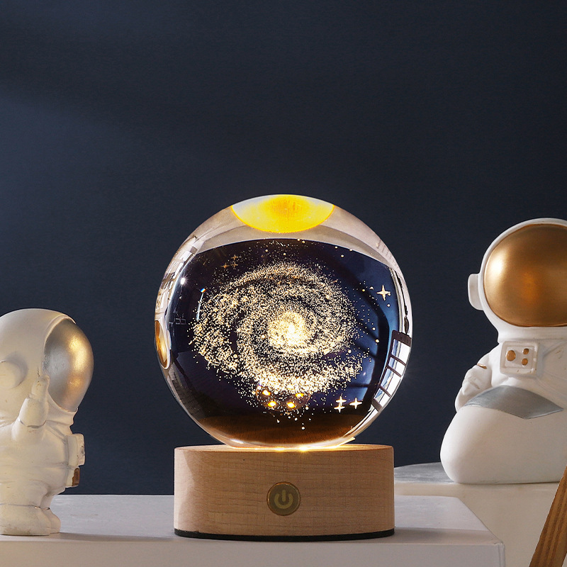 3d led Custom Creative Romantic Luminous Engraving Galaxy Lamp Glowing Crystal Ball Night Light With Wood Base Table Decor Light