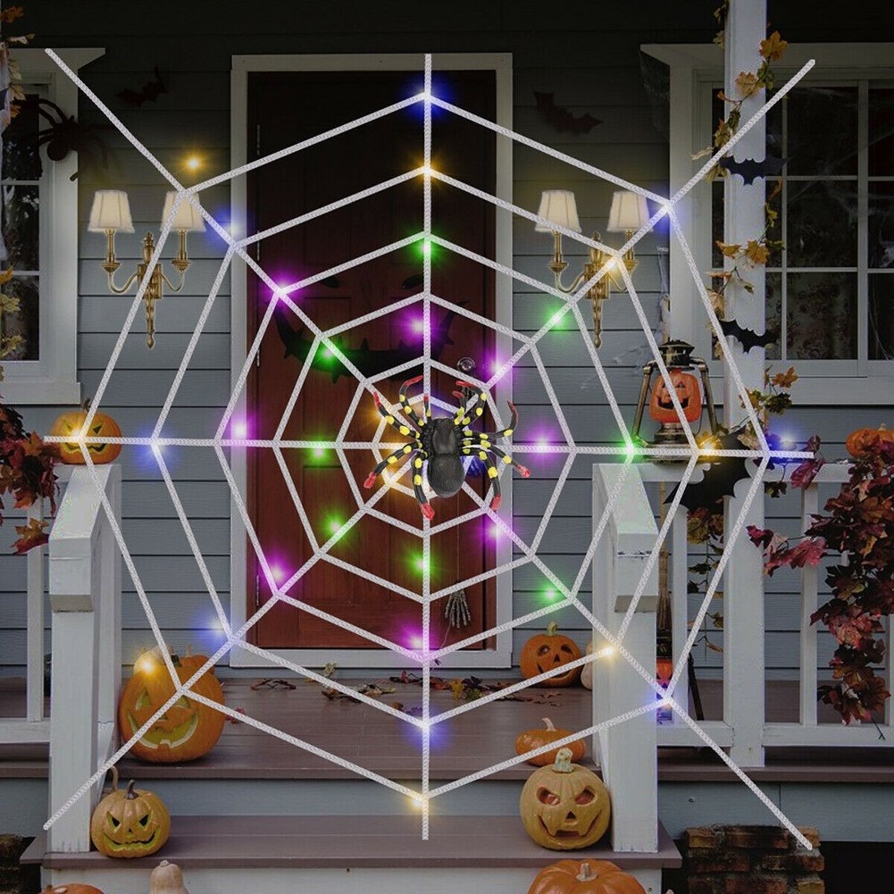 LED Spider Web String Lights Diameter 1.5m Remote Control Battery Box Powered Halloween Decorations Lights