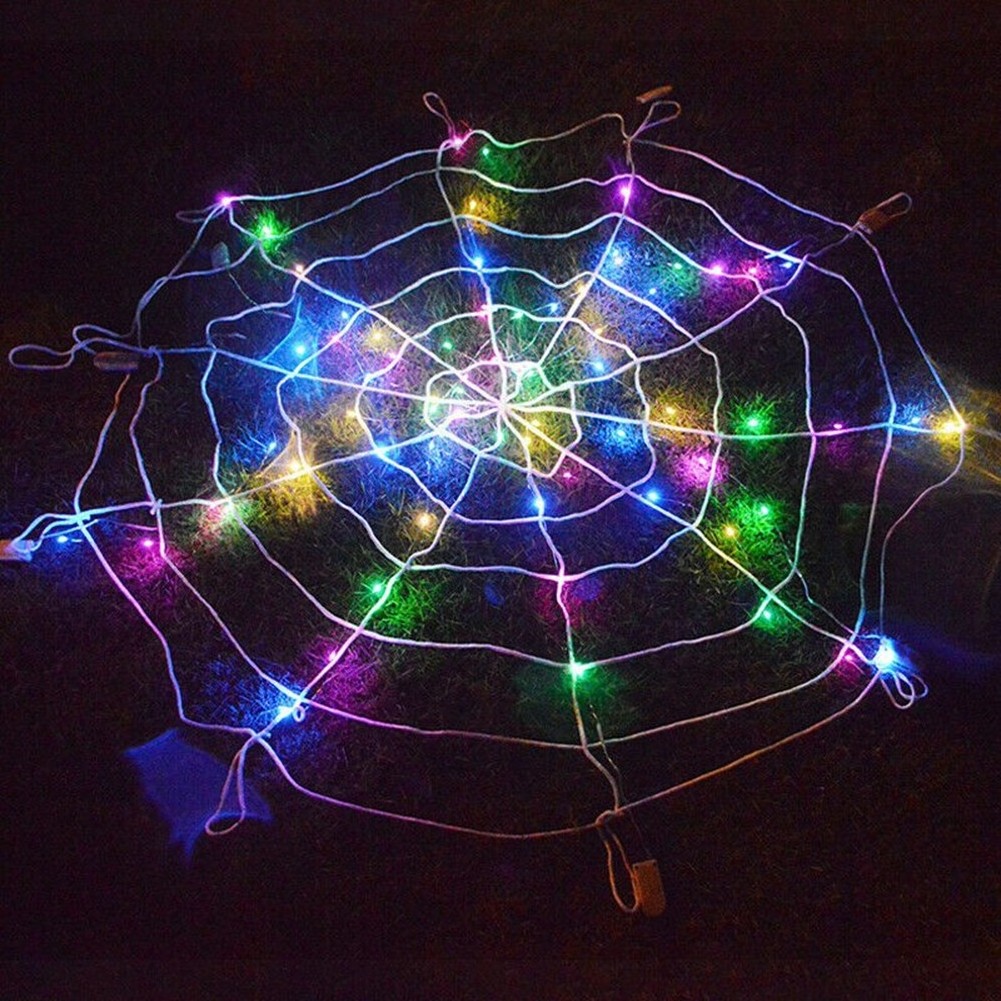 LED Spider Web String Lights Diameter 1.5m Remote Control Battery Box Powered Halloween Decorations Lights