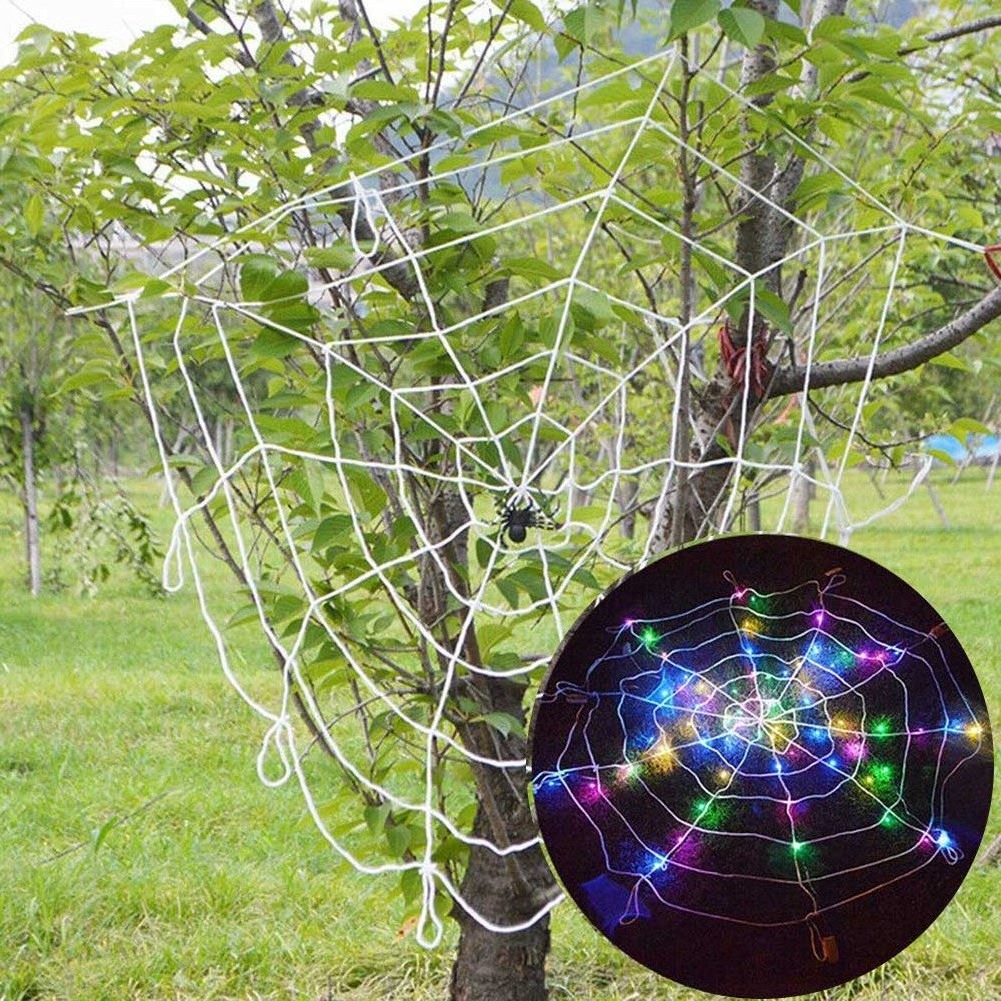 LED Spider Web String Lights Diameter 1.5m Remote Control Battery Box Powered Halloween Decorations Lights