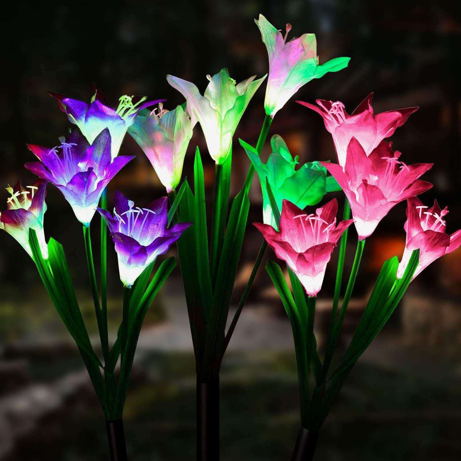 Outdoor Solar Garden Stake Lights Solar Multi-color Changing LED Powered Lights with Lily Flower