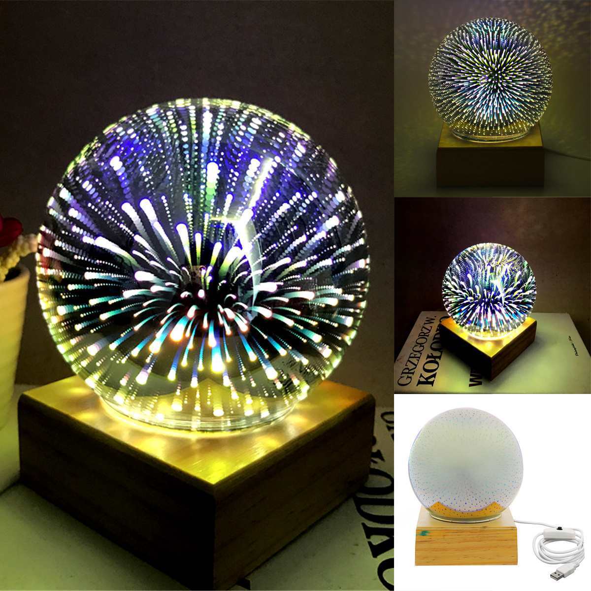 USB 3D LED Crystal USB Sphere Lightning Lamp Colorful Ball Night Lights Magic Glass Sphere Novelty Ball Light Plasma Table Lamp