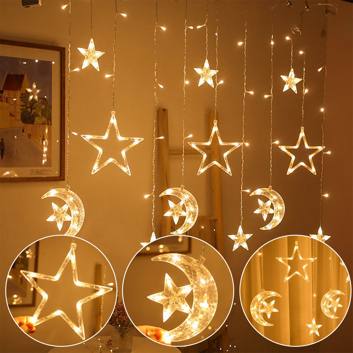 Ramadan Eid Decoration Lights Christmas Fairy Led Moon Star Curtain Light 220V 110V Plug In For Indoor