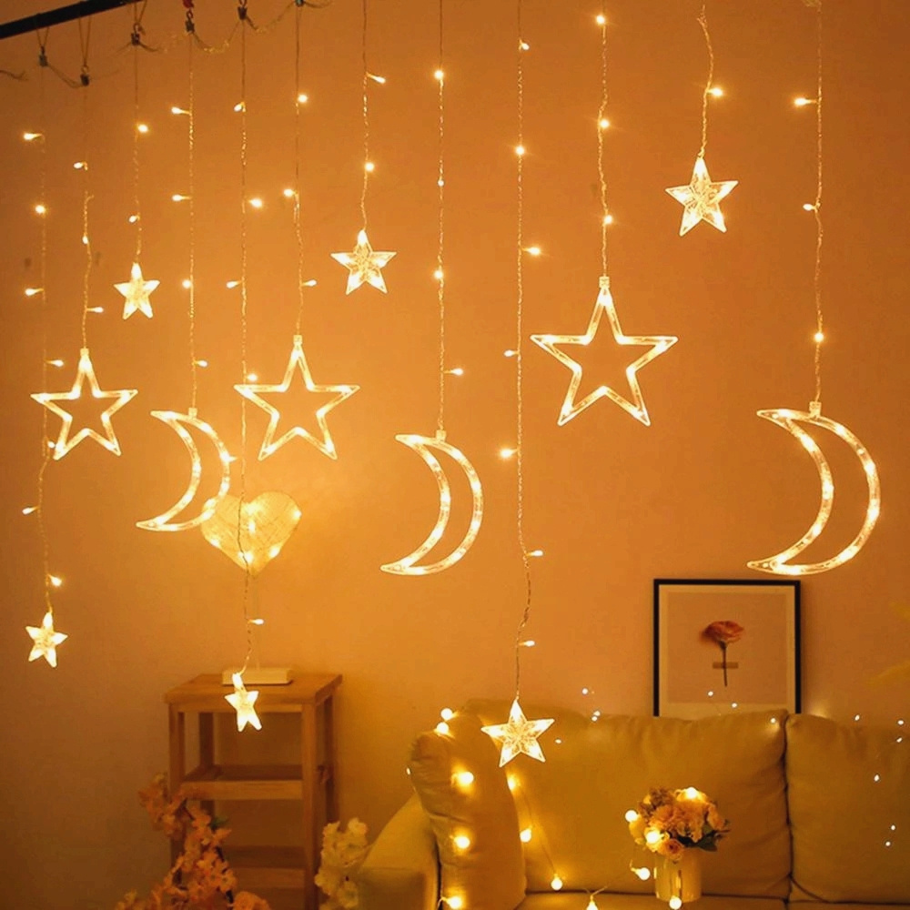 Ramadan Eid Decoration Lights Christmas Fairy Led Moon Star Curtain Light 220V 110V Plug In For Indoor