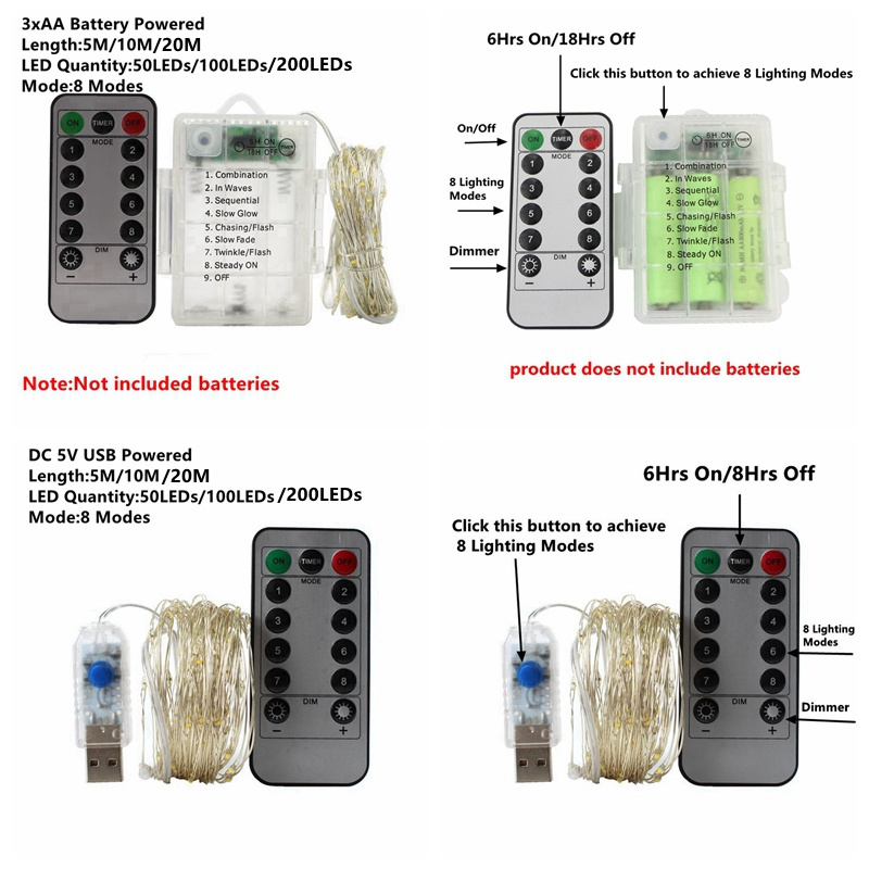 5M 10M 20M Waterproof Remote Control Fairy Lights Battery Operated String Copper Wire Led String Lights With Timer