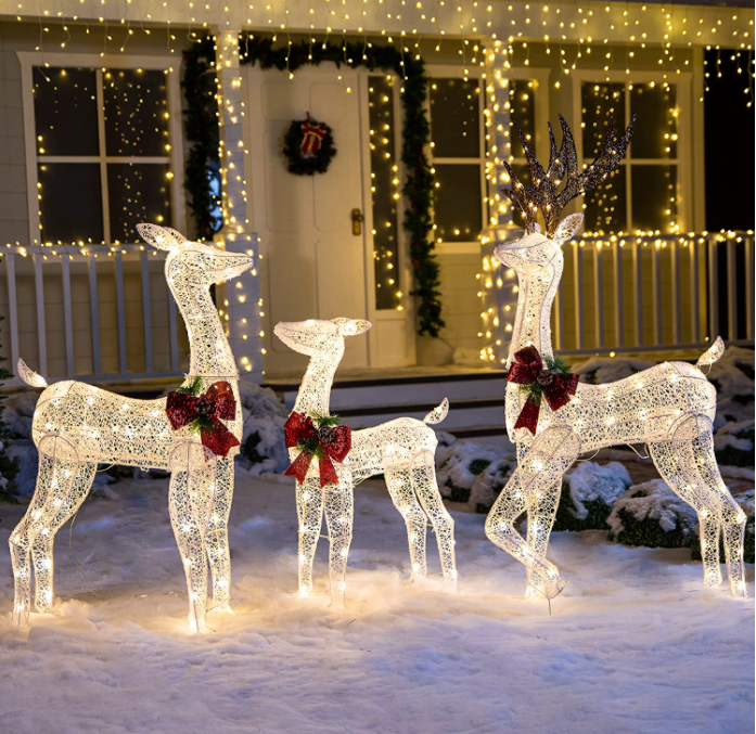 3D Large 3-Piece Plug-in LED Lighted Holiday decorative Frame Deer Family motif light Indoor Outdoor Xmas Reindeer Decor Light