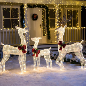 3D Large 3-Piece Plug-in LED Lighted Holiday decorative Frame Deer Family motif light Indoor Outdoor Xmas Reindeer Decor Light