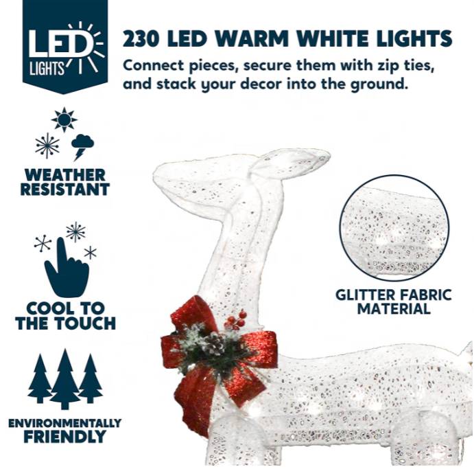 3D Large 3-Piece Plug-in LED Lighted Holiday decorative Frame Deer Family motif light Indoor Outdoor Xmas Reindeer Decor Light