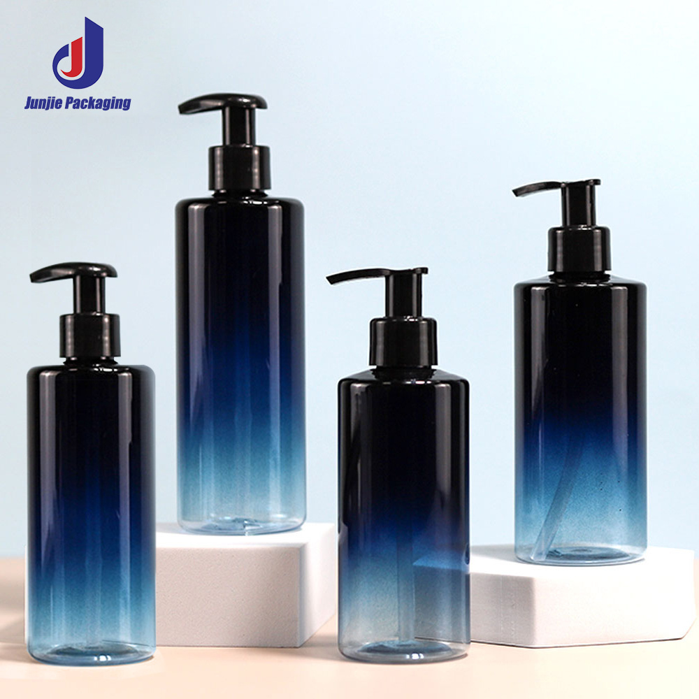 Custom luxury Gradient blue frosted plastic  lotion pump bottle 250ml 500ml shampoo bottles for body wash packaging