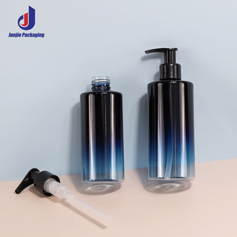 Custom luxury Gradient blue frosted plastic  lotion pump bottle 250ml 500ml shampoo bottles for body wash packaging