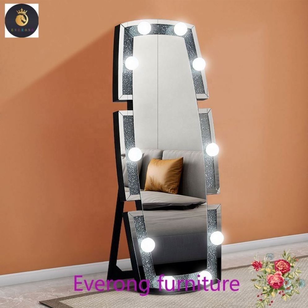 New Floor Mirror High Quality Framed Make Up Full-length Mirror Crushed Diamond Bulbs Light Up Dressing Standing Floor Mirror