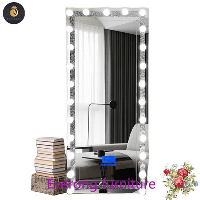 New Floor Mirror High Quality Framed Make Up Full-length Mirror Crushed Diamond Bulbs Light Up Dressing Standing Floor Mirror