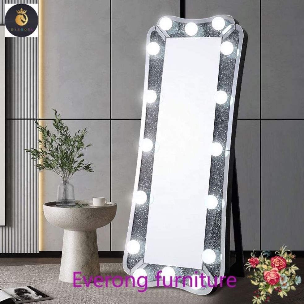 New Floor Mirror High Quality Framed Make Up Full-length Mirror Crushed Diamond Bulbs Light Up Dressing Standing Floor Mirror