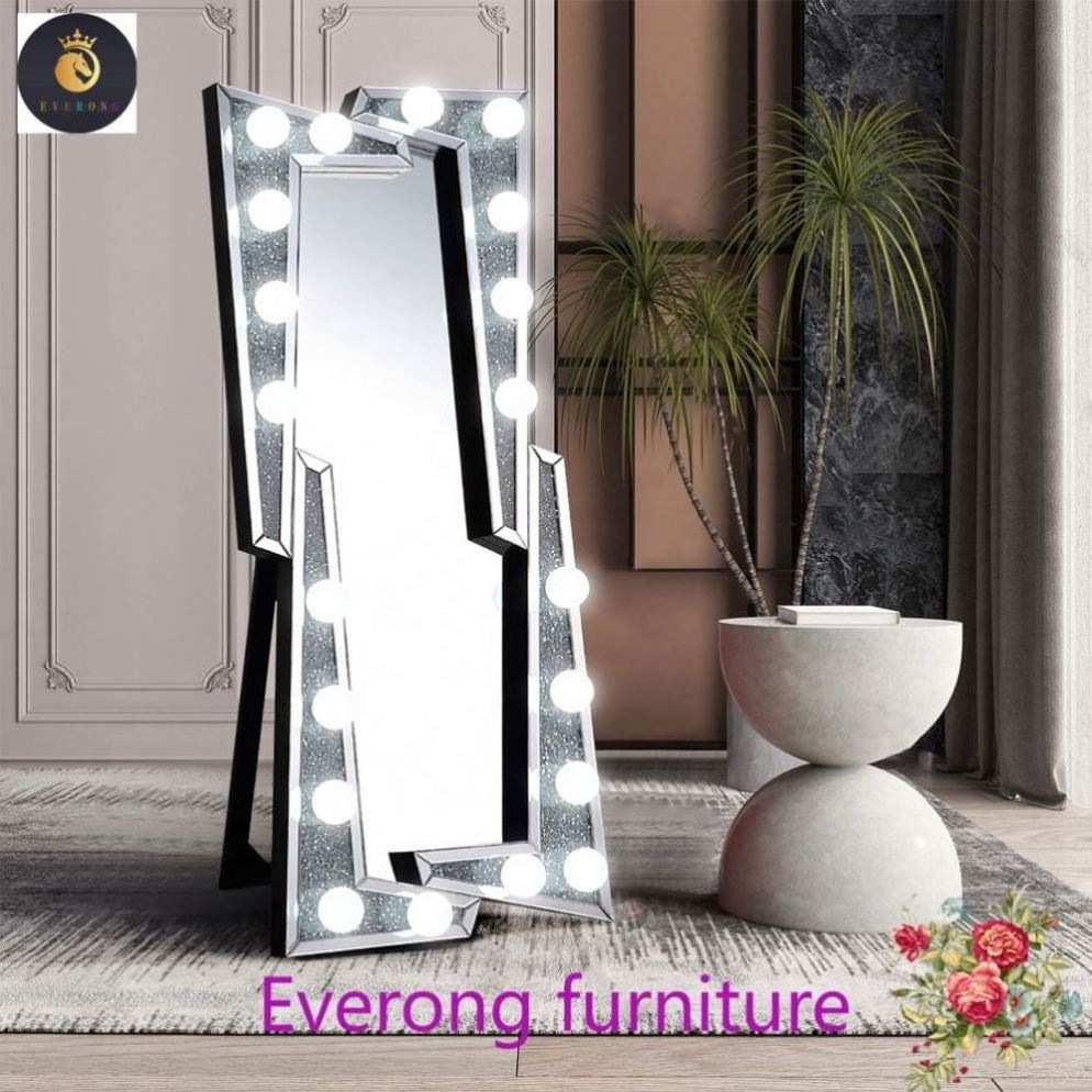 New Floor Mirror High Quality Framed Make Up Full-length Mirror Crushed Diamond Bulbs Light Up Dressing Standing Floor Mirror