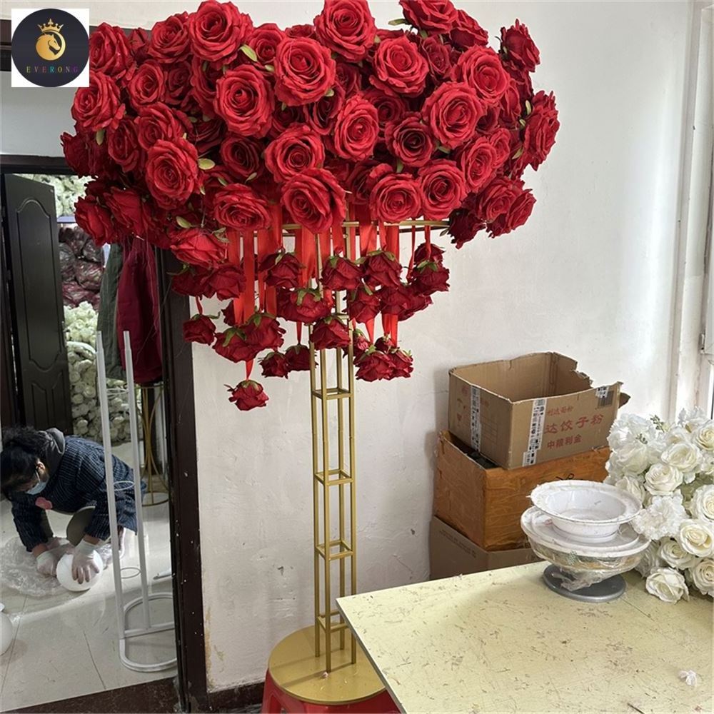 EV Wholesale 4ft Tall Flores Artificial Flowers Red Rose Gold Wedding Centerpieces for Wedding Decor