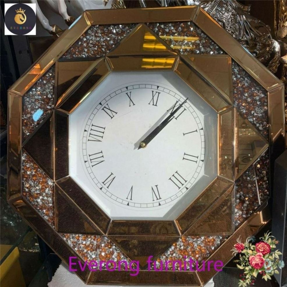 Black Octagonal Wall Clock Diamond Crush Sparkly Mirrored