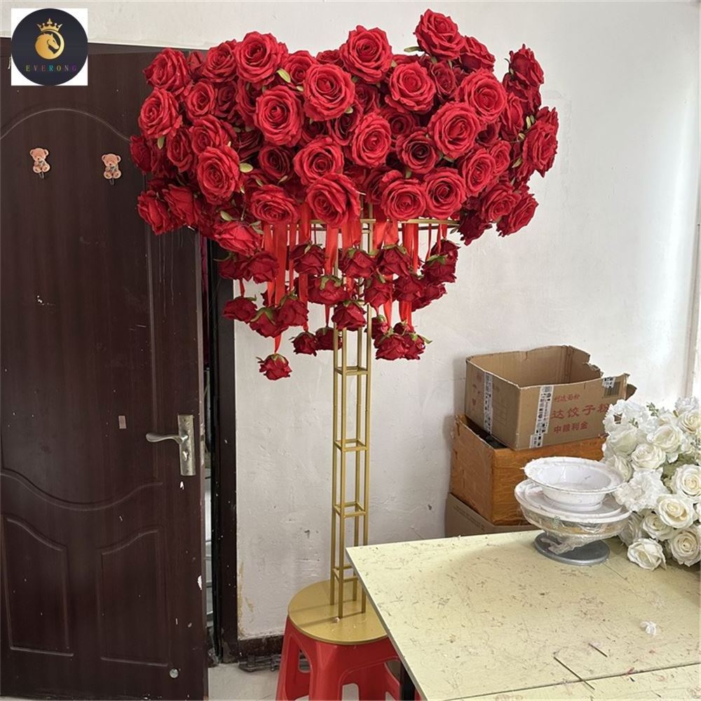 EV Wholesale 4ft Tall Flores Artificial Flowers Red Rose Gold Wedding Centerpieces for Wedding Decor