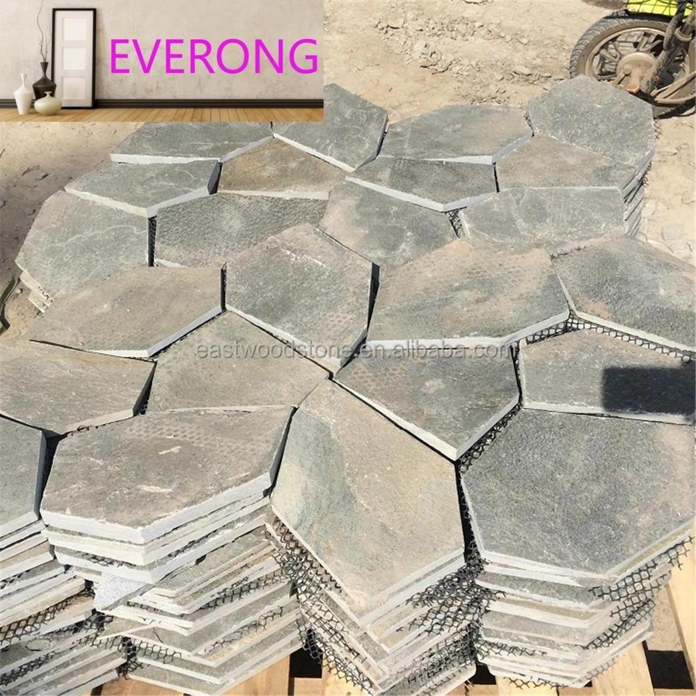 Polygonal shapes grey slate stone tile with mat mesh