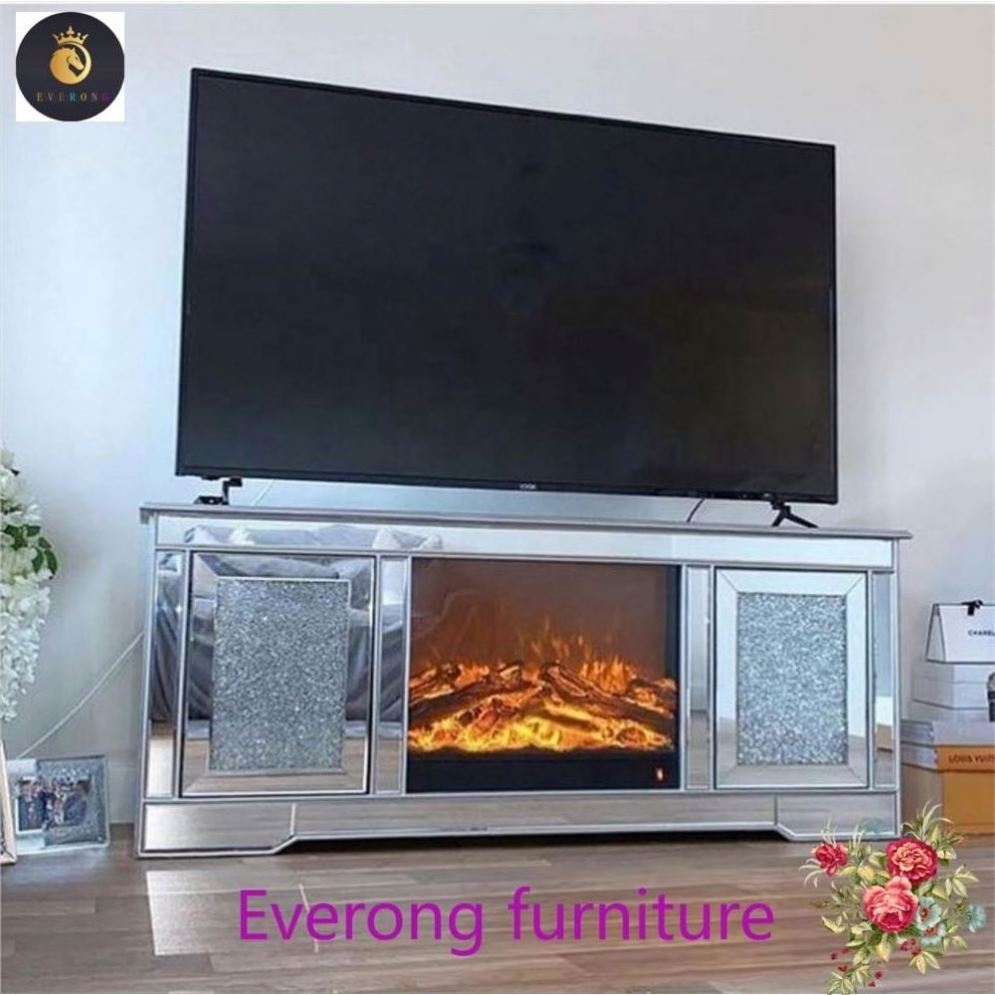 Guanding Hot sales Large Mirrored Sparkly Crushed Diamond Silver Mirrored TV Cabinet Unit Stand with fireplace