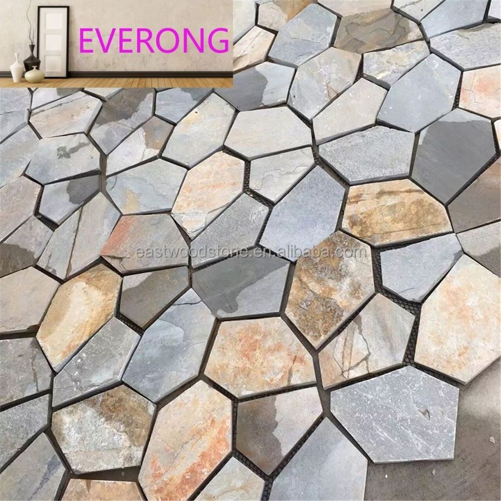 Polygonal shapes grey slate stone tile with mat mesh