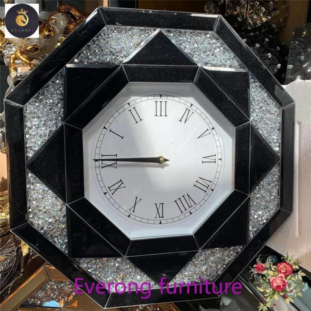 Black Octagonal Wall Clock Diamond Crush Sparkly Mirrored