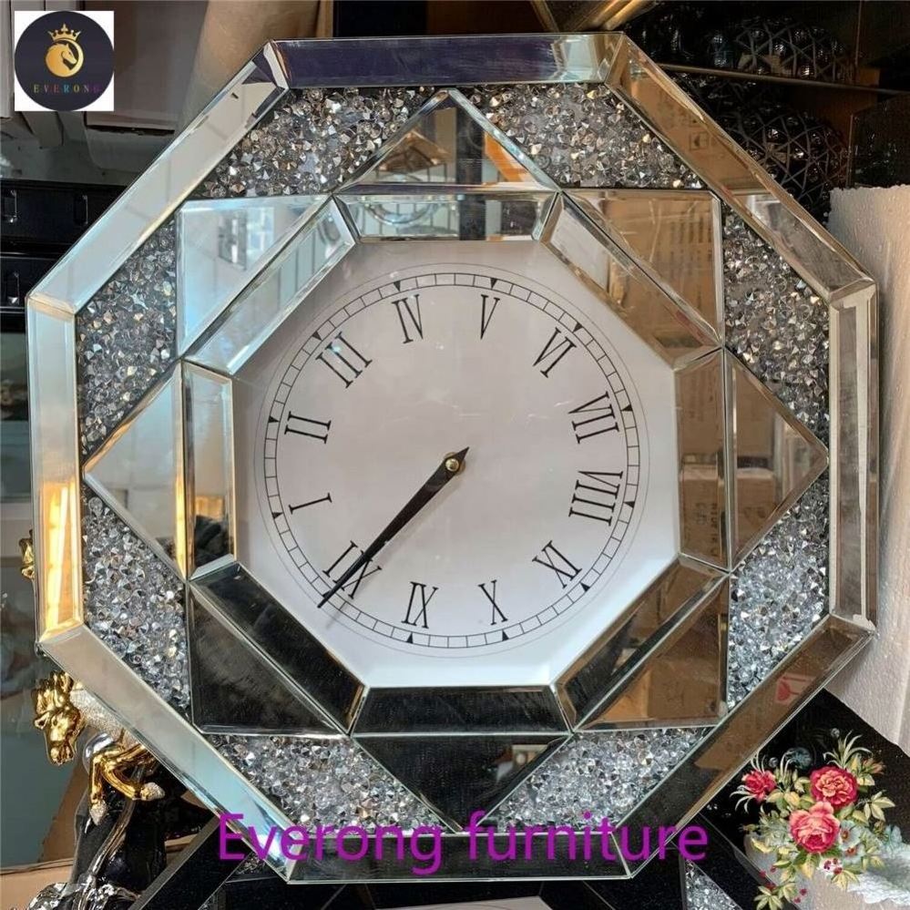 Black Octagonal Wall Clock Diamond Crush Sparkly Mirrored