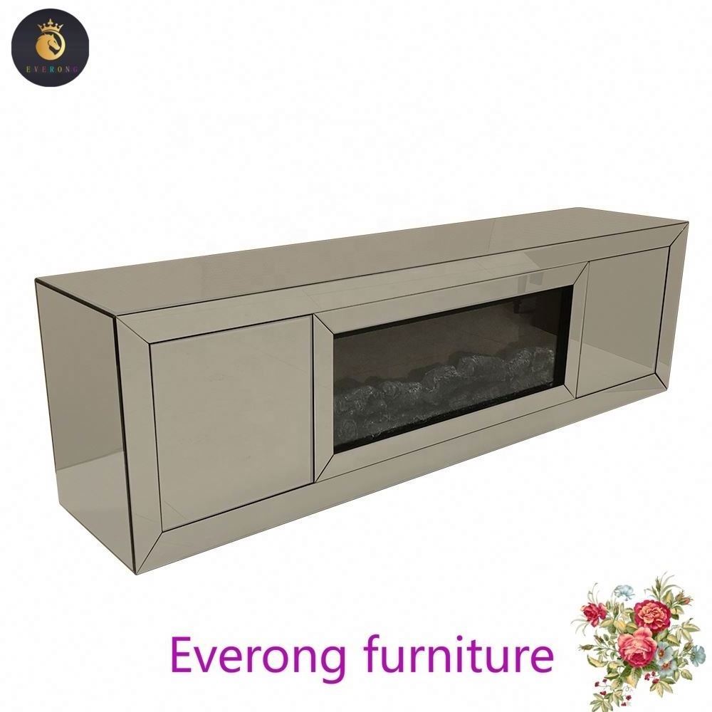 Guanding Hot sales Large Mirrored Sparkly Crushed Diamond Silver Mirrored TV Cabinet Unit Stand with fireplace