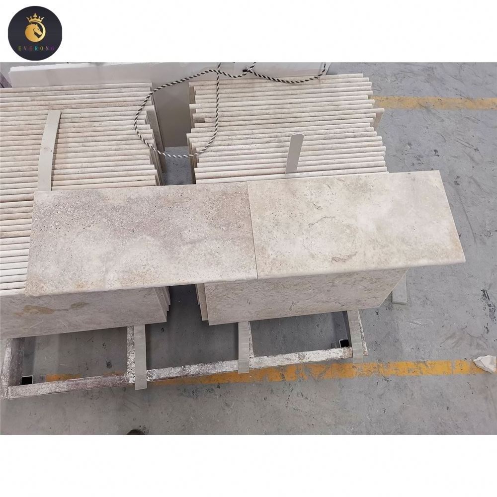 EV Customized Swimming Pool Coping Tile Decking Beige Grey Tumbled Travertine with Bullnose Edge Pool Coping Travertine Tile