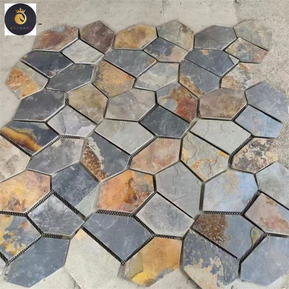 Multicolor slate flagstone paverstone on mesh ,rusty slate tiles paver on mesh