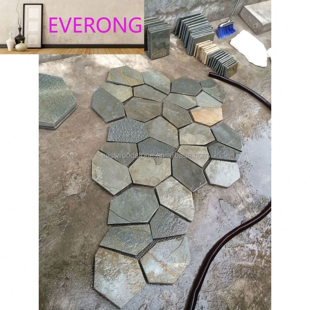 Polygonal shapes grey slate stone tile with mat mesh