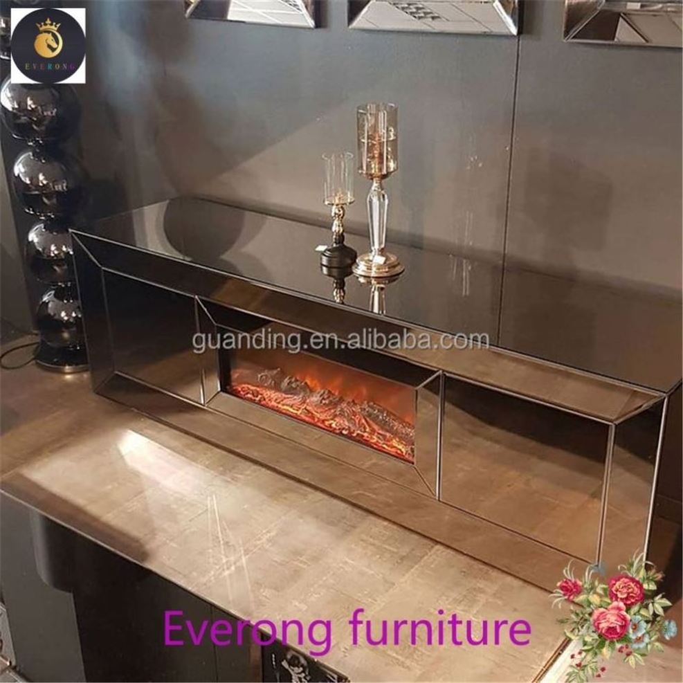 Guanding Hot sales Large Mirrored Sparkly Crushed Diamond Silver Mirrored TV Cabinet Unit Stand with fireplace