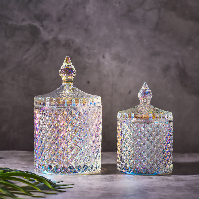 OEM wedding diamond luxury ribbed geometric big crystal soy wax scented geo handcut candle holder container glass jar with lid