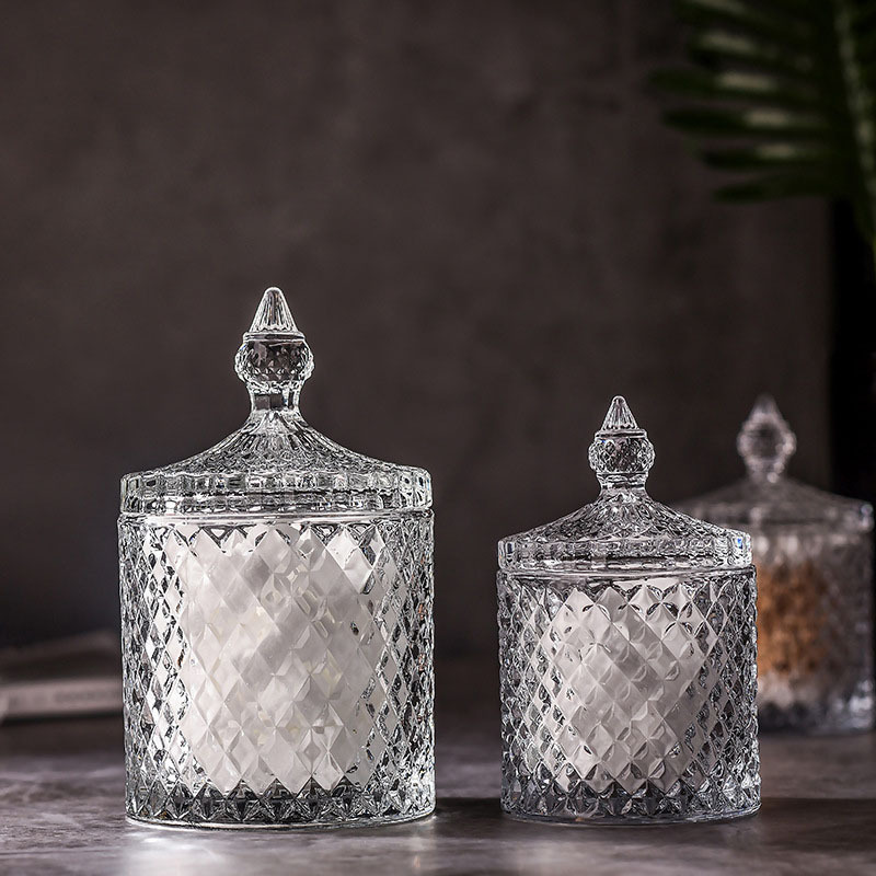 OEM wedding diamond luxury ribbed geometric big crystal soy wax scented geo handcut candle holder container glass jar with lid