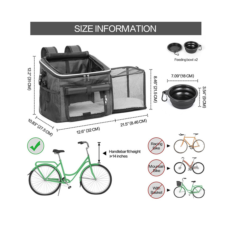 Removable Breathable Polyester Large Capacity Bike Bag for Pet Carrier with Two Bowls