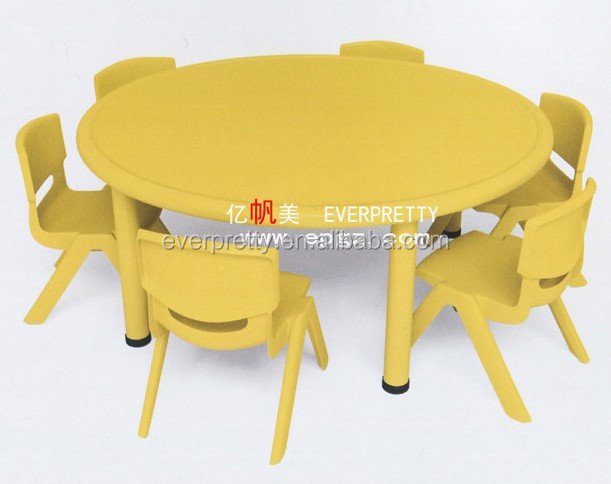 Colorful plastic children table and chair set, round kids study and party tables and chairs