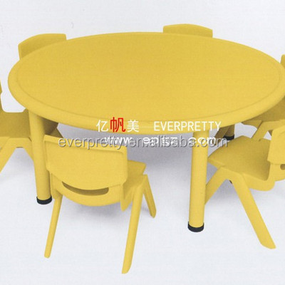 Colorful plastic children table and chair set, round kids study and party tables and chairs