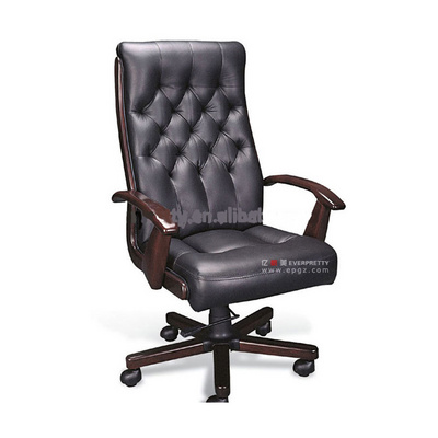 Comfortable Genuine Leather Ergonomics Design Executive Office Chair with Solid Wood Armrest for Manager or Boss